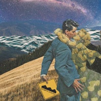 a collage of a man and woman kissing in a field